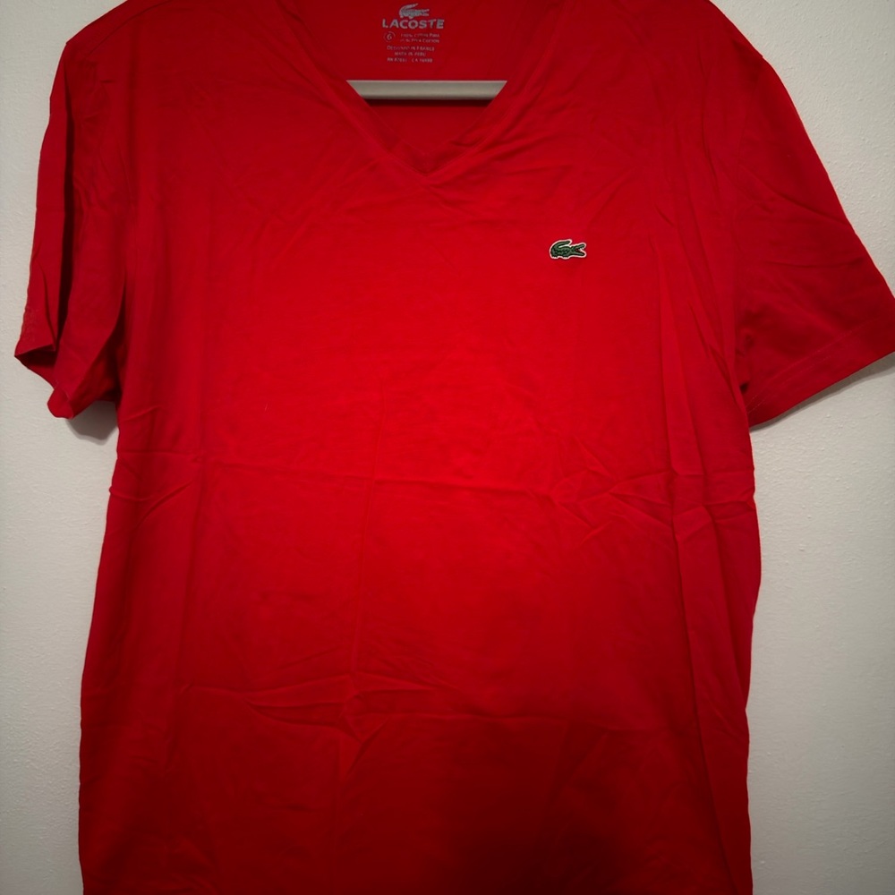 Lacoste Men’s Red V-Neck Tee with Green Crocodile Logo